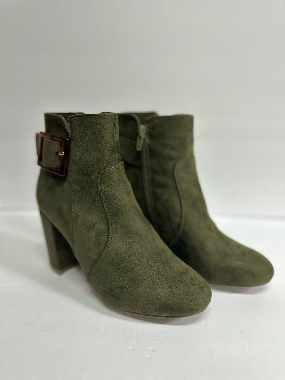 Olive Green Faux Suede Ankle Booties with Buckle